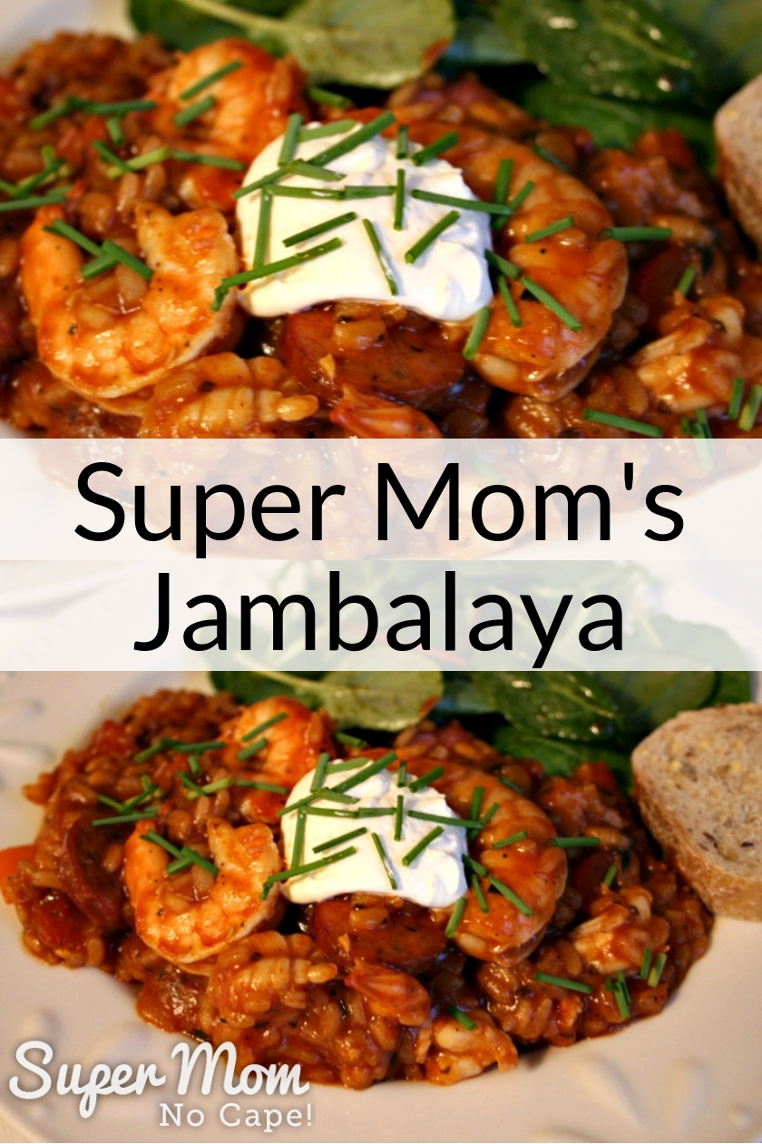 Super Mom's Jambalaya served with a dollop of sour cream and topped with chopped chives