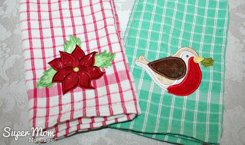 Machine embroidered tea towels made by Pauline