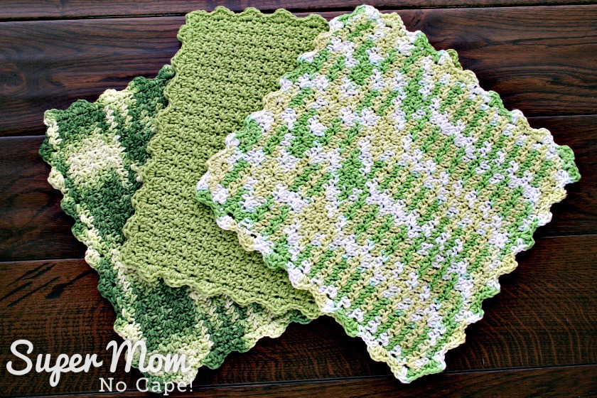 Crocheted Seed Stitch Dishcloth Pattern - three finished dishcloths
