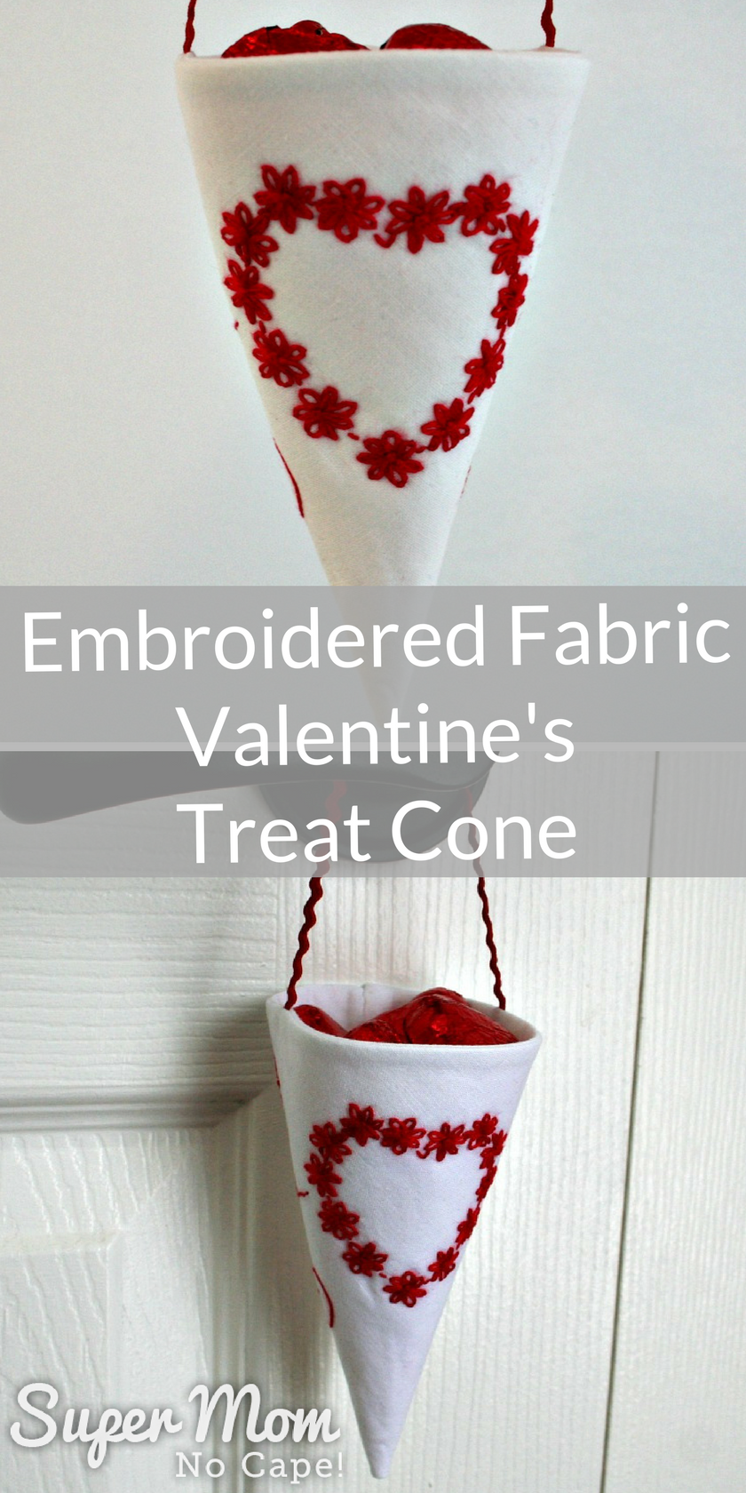 Collage photo of white fabric cone with red embroidered heart