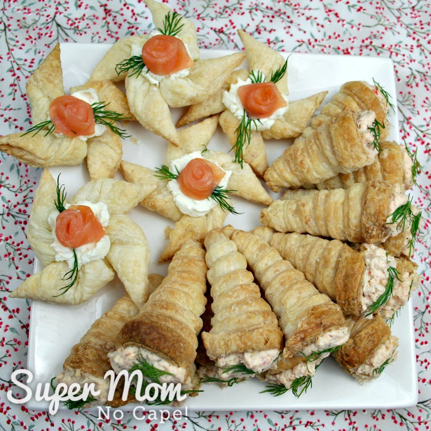 Puff Pastry Cone Appetizers on a plate with puff pastry pinwheels