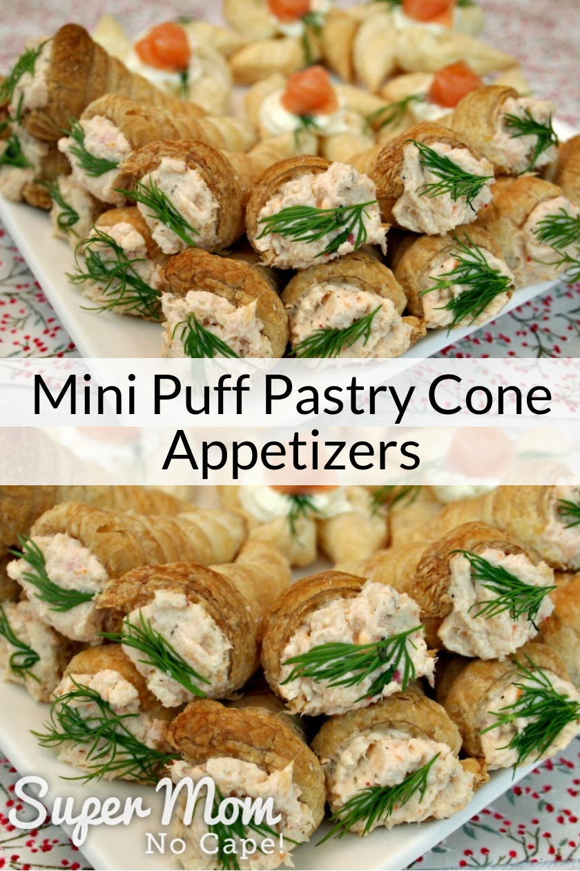 Collage photo Mini Puff Pastry Cone Appetizers filled and on a serving plate