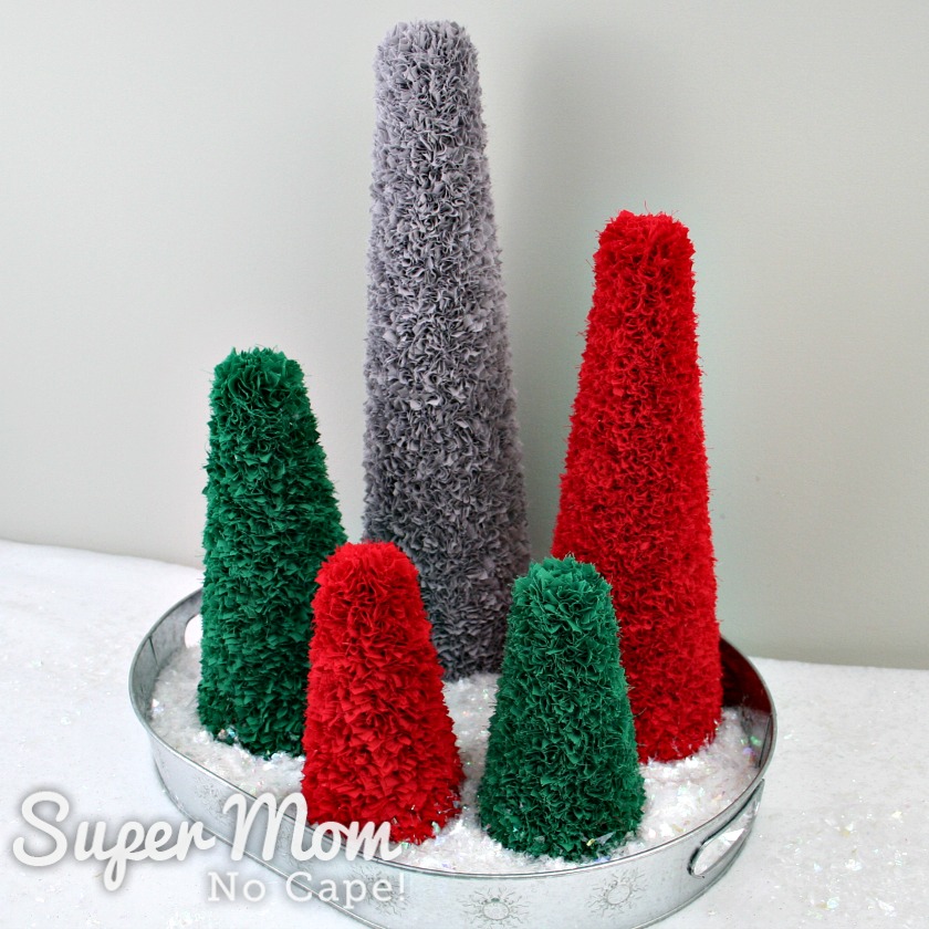 Christmas ribbon trees. Styrofoam cone, ribbon in 3 inch strips, pins