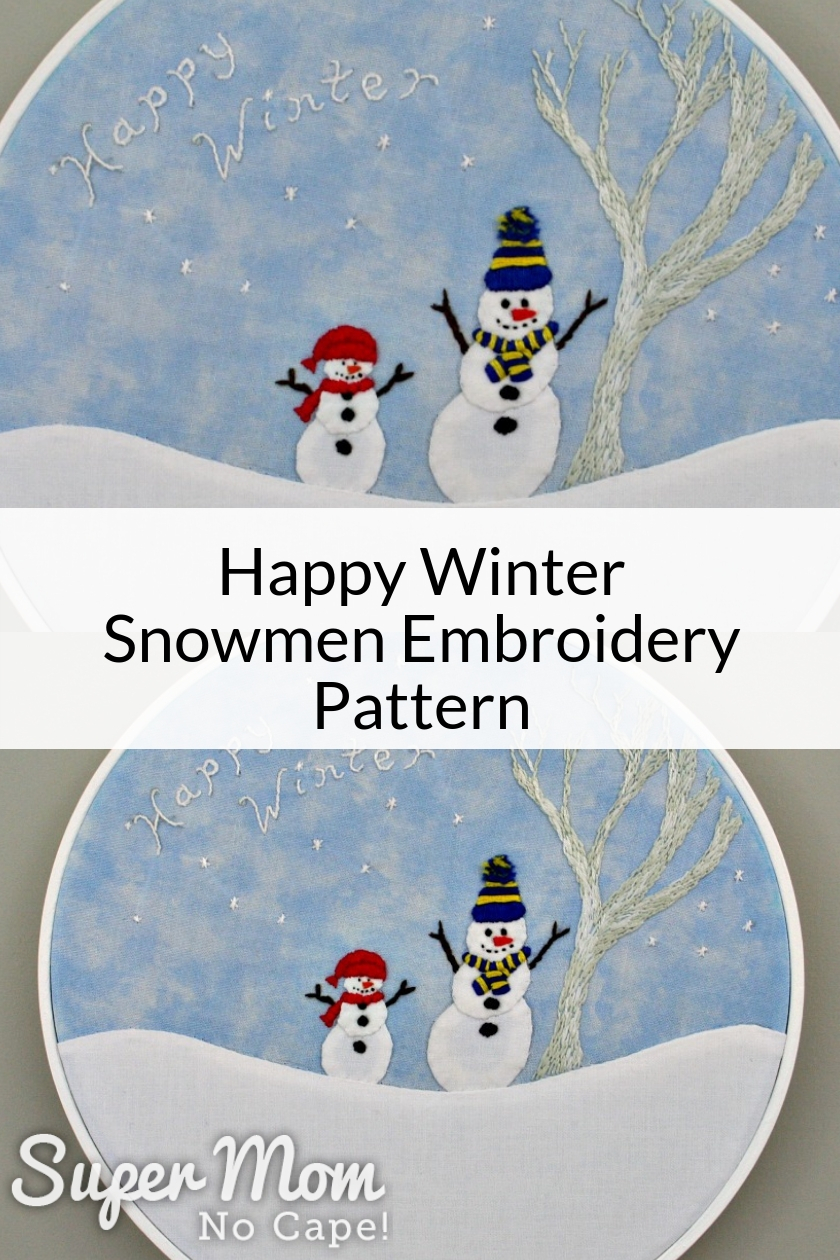 Collage photo of the Happy Winter Embroidery Pattern framed in a white embroidery hoop