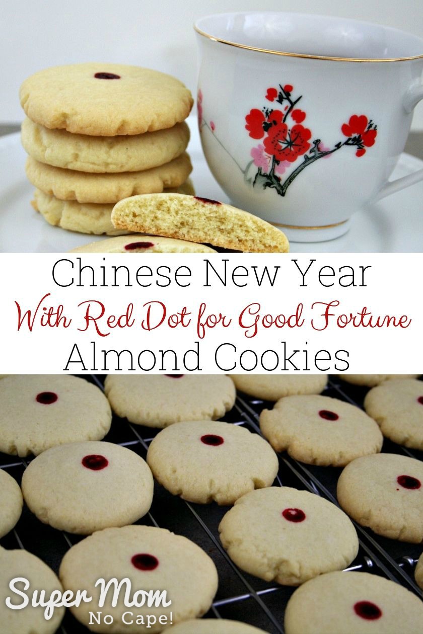 Collage photo of Red Dot Almond Cookies for Chinese New Year with text overlay