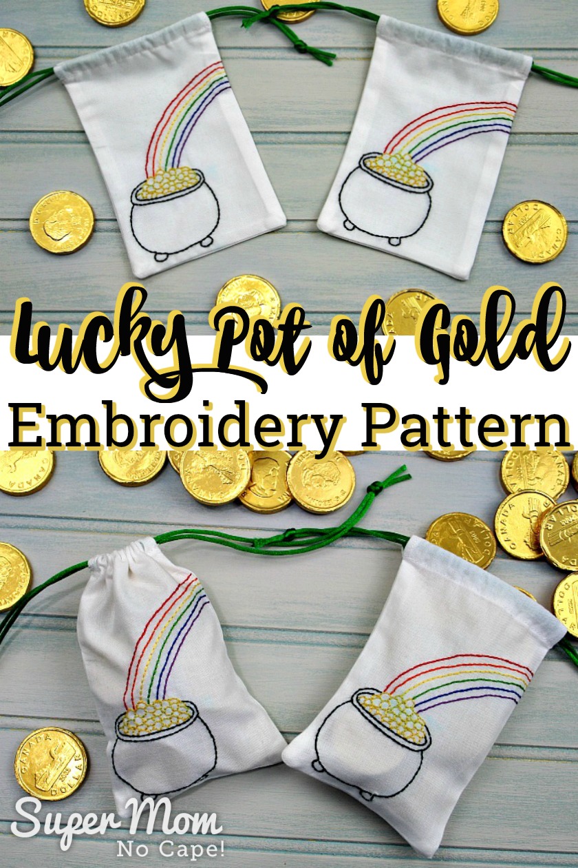 Collage of drawstring bags with gold foil covered chocolate coins