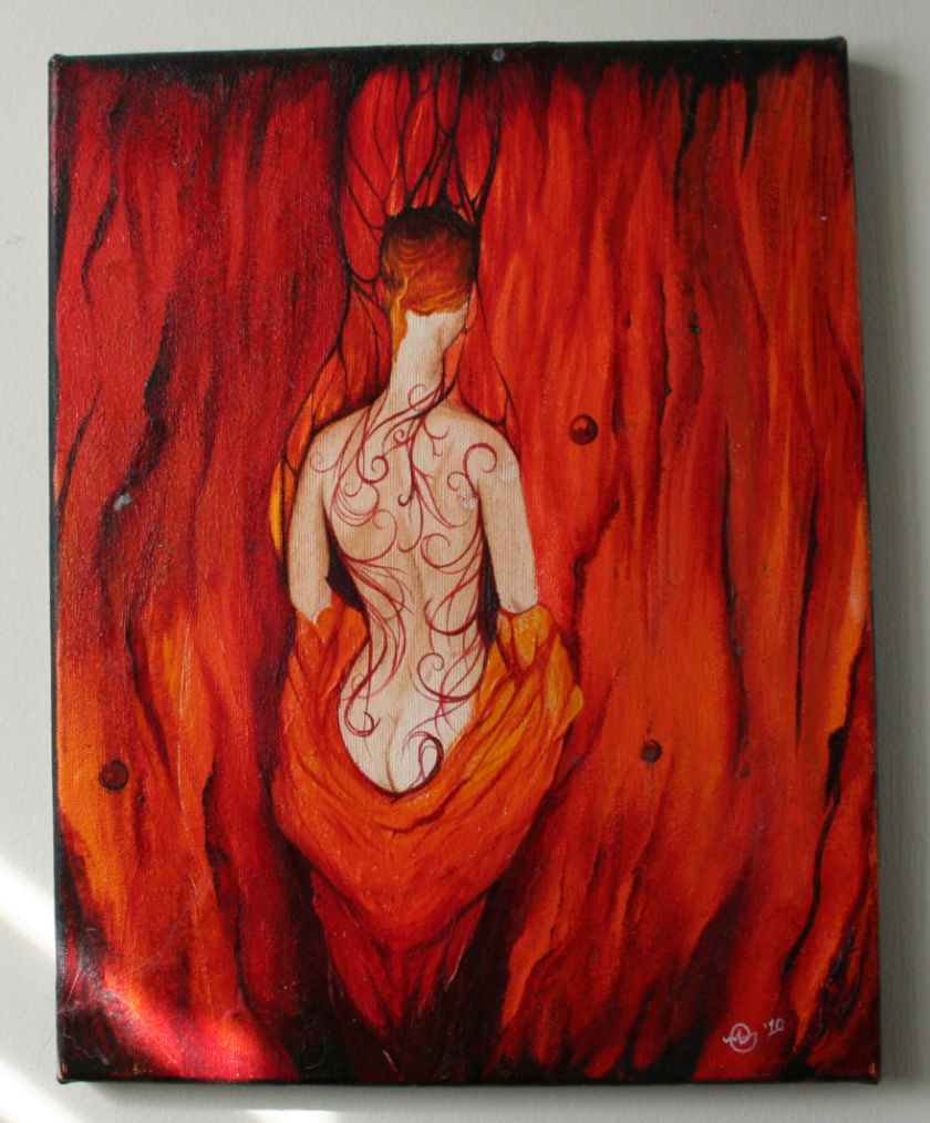 An oil painting of the back of a tattooed woman looking out through curtains.