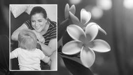 Photo of Miriam Flemming on a plumeria flower background