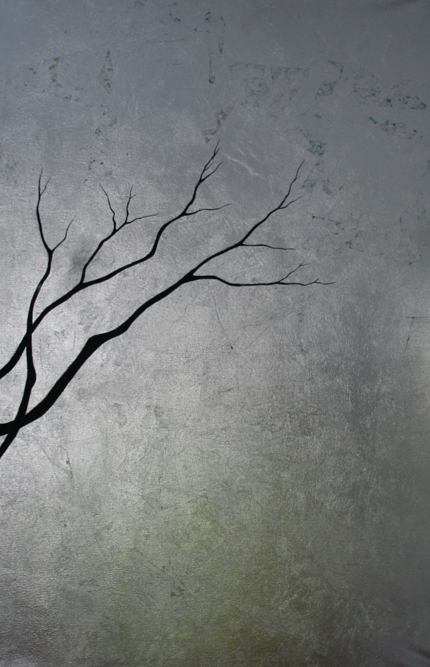 Oil painting of a winter tree on a background of silver leaf