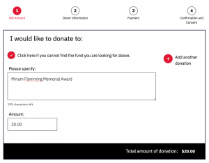 Example of how to donate. Include the designation "Miriam Flemming Memorial Fund"