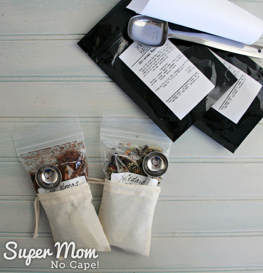 A picture of a bag of loose tea and hand sewn tea bags.